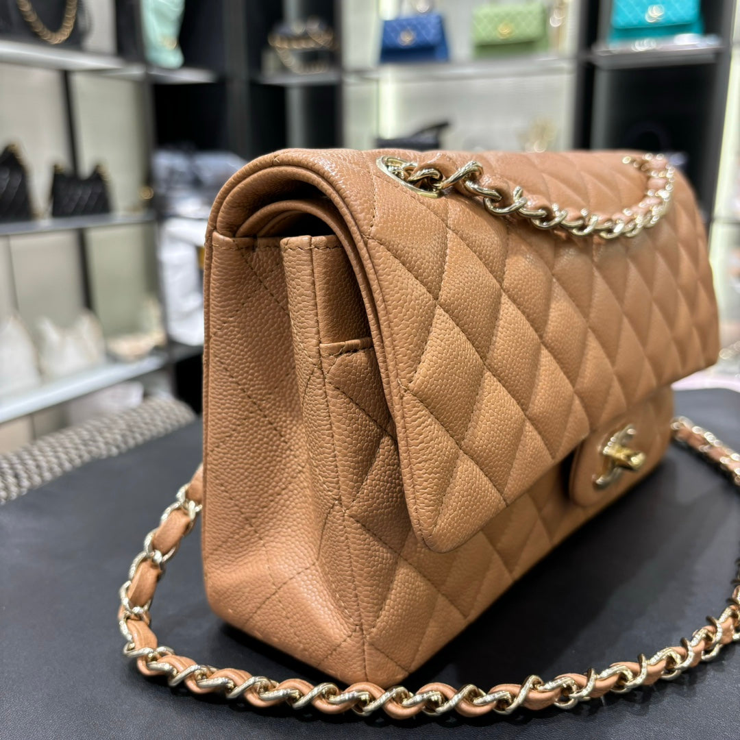 Chanel camel classic flap bag side view