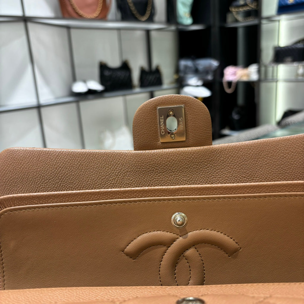 Chanel camel classic flap bag interior closure