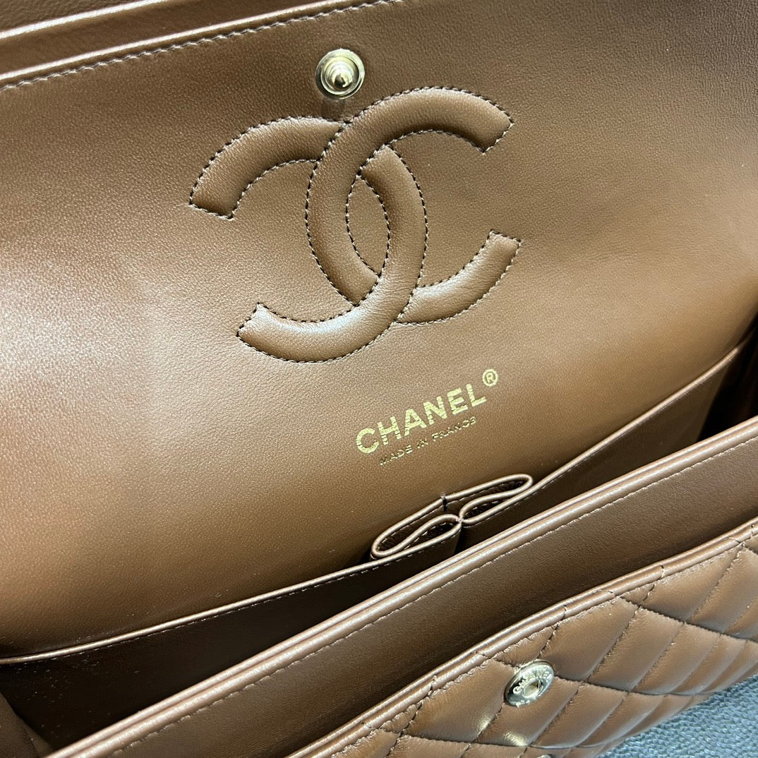 Chanel Classic Flap bag brown interior logo detail
