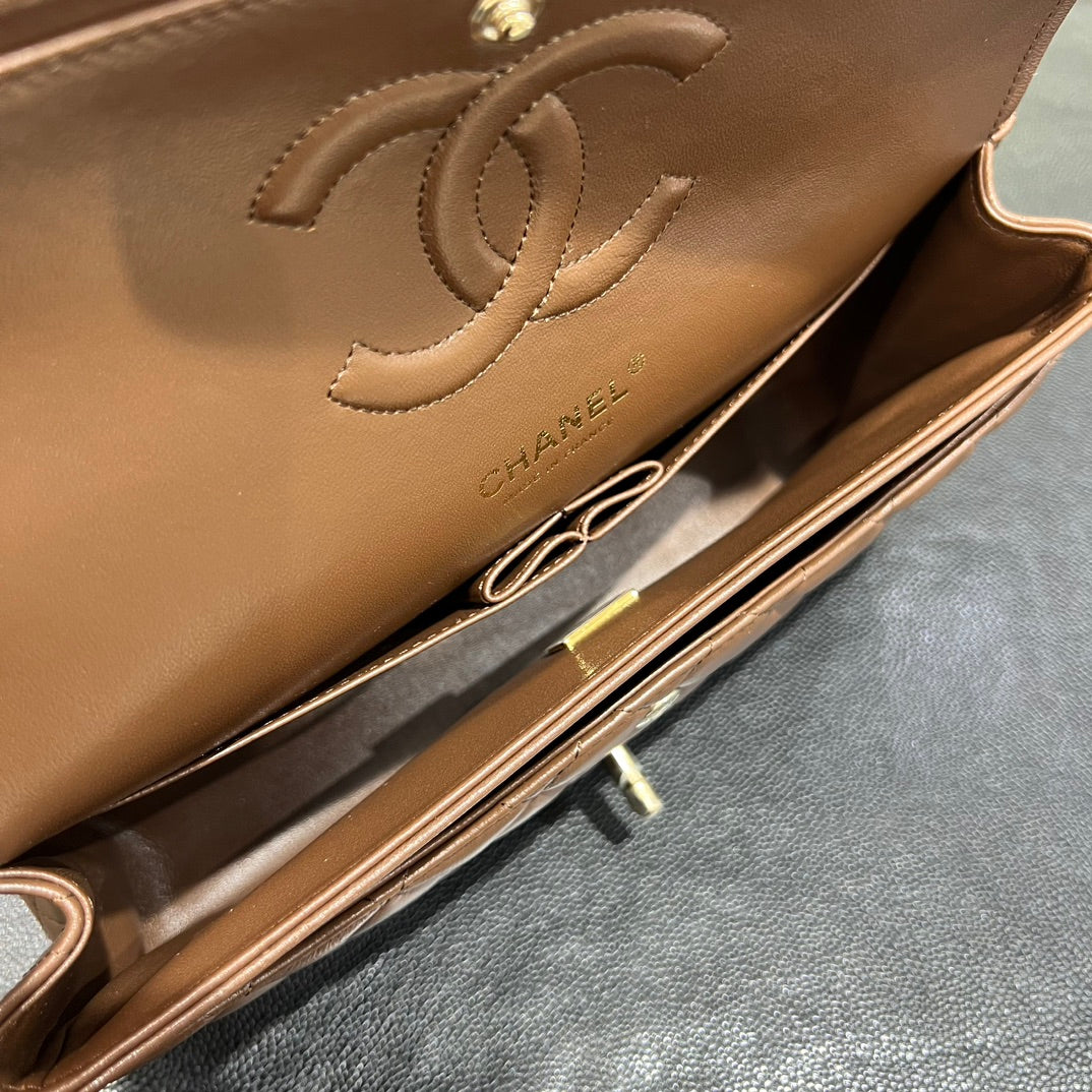 Chanel Classic Flap bag brown interior compartment detail