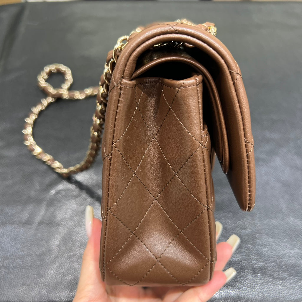 Chanel Classic Flap bag in brown, side view