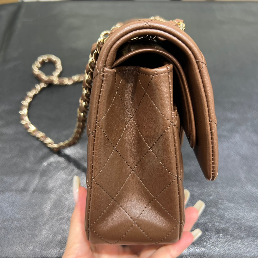 Chanel Classic Flap bag in brown, side view