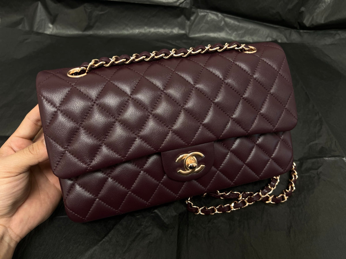 Chanel Classic Flap bag in burgundy, front view