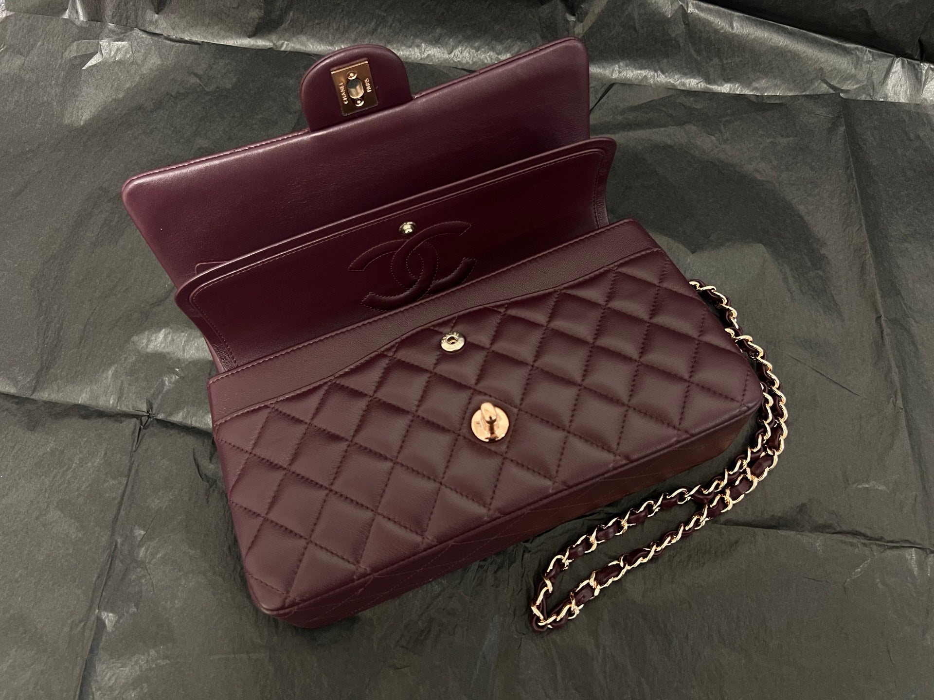 Chanel Classic Flap bag in burgundy, open double flap