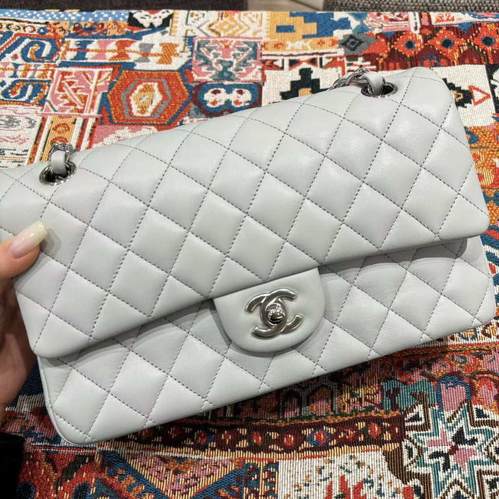 Chanel Classic Flap bag in light gray, front view