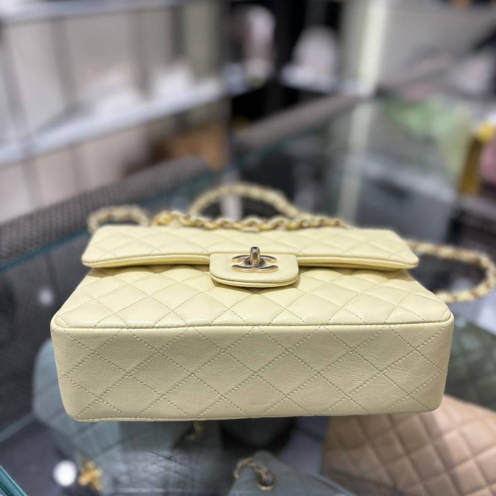 Chanel Classic Flap bag in pale yellow, front view