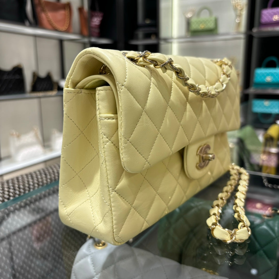 Chanel Classic Flap bag in pale yellow, side view