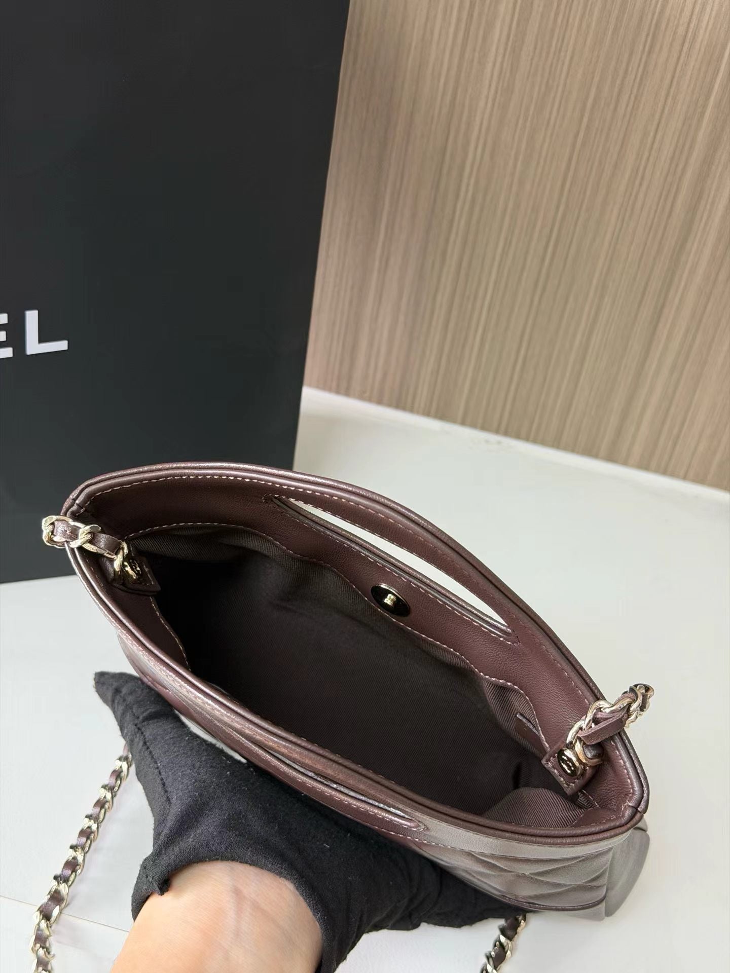 Dark brown mini handbag interior