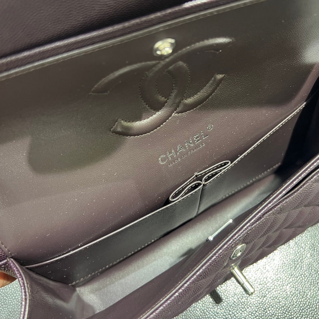 Chanel dark burgundy classic flap bag interior view