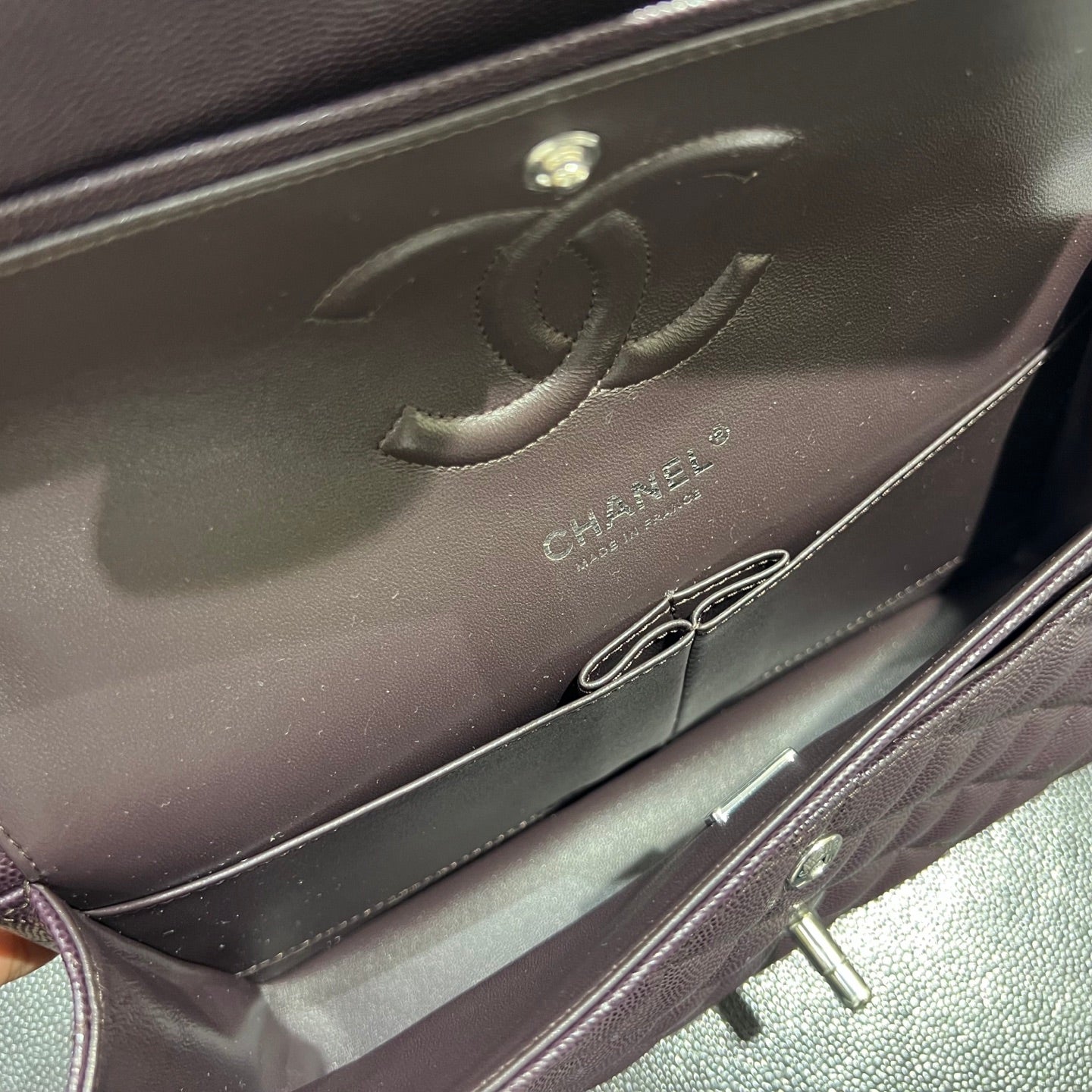Chanel dark burgundy classic flap bag interior view