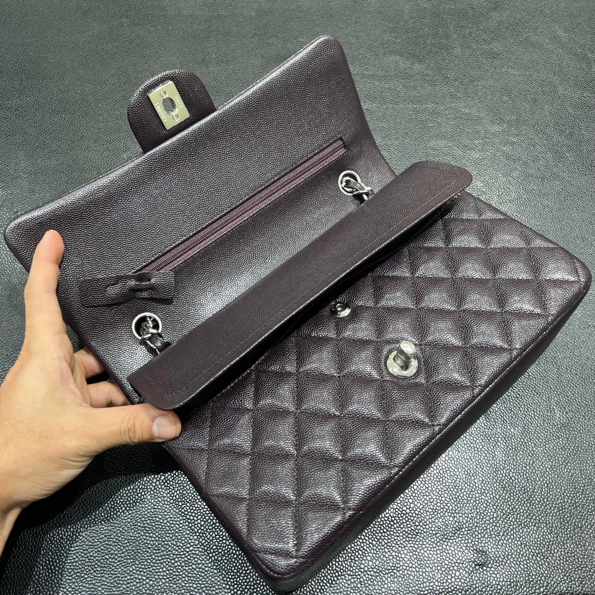 Chanel dark burgundy classic flap bag open view