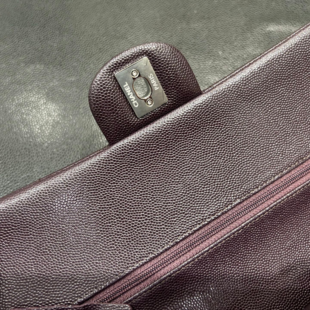 Chanel dark burgundy classic flap bag closure detail