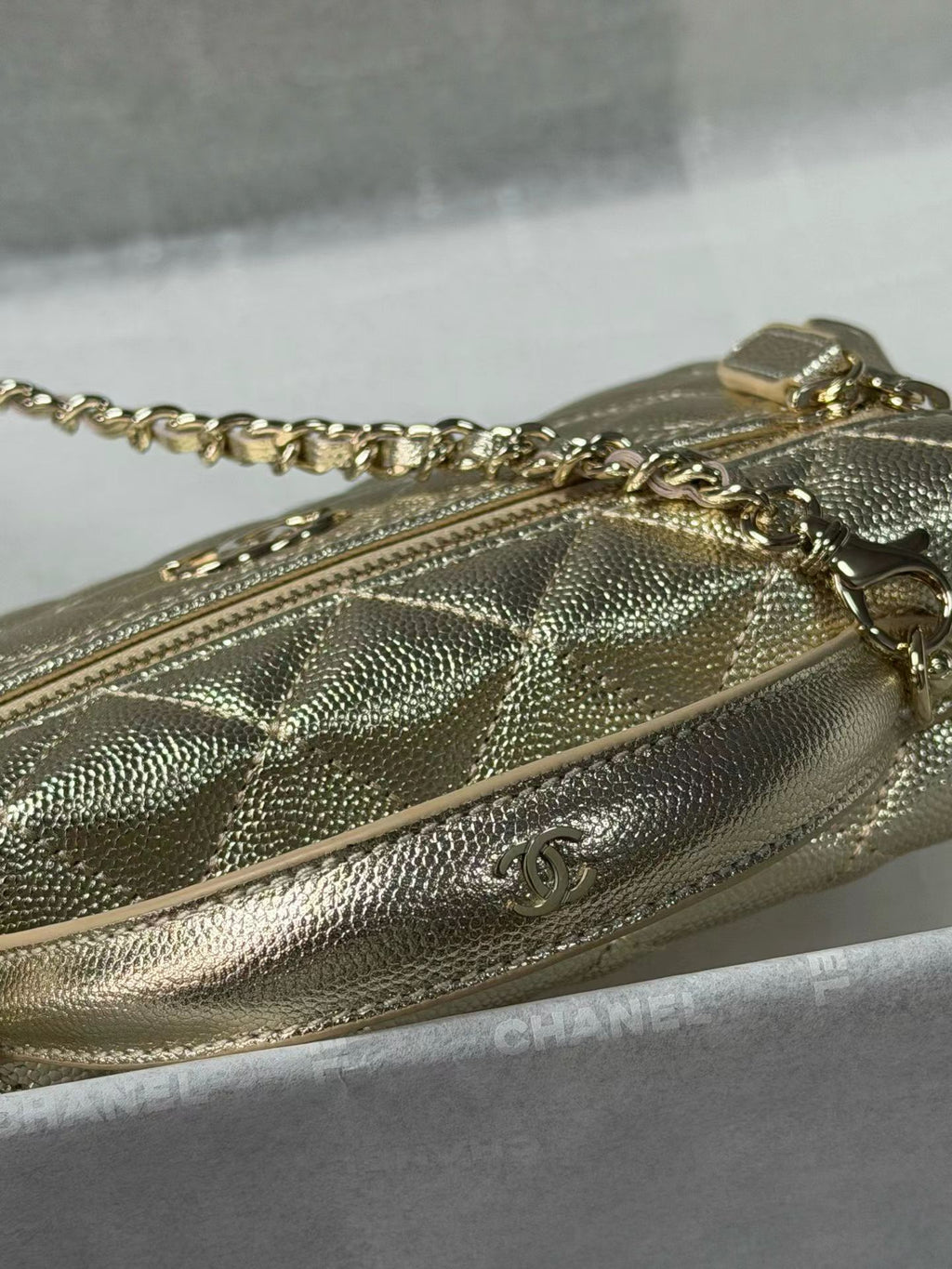 Gold handbag chain and hardware detail
