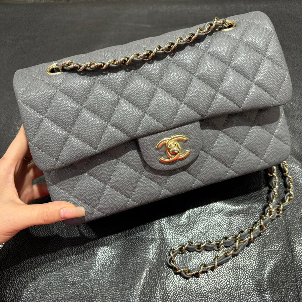 Chanel grey classic flap bag front view