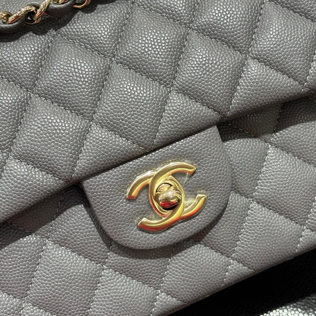 Chanel grey classic flap bag front close-up