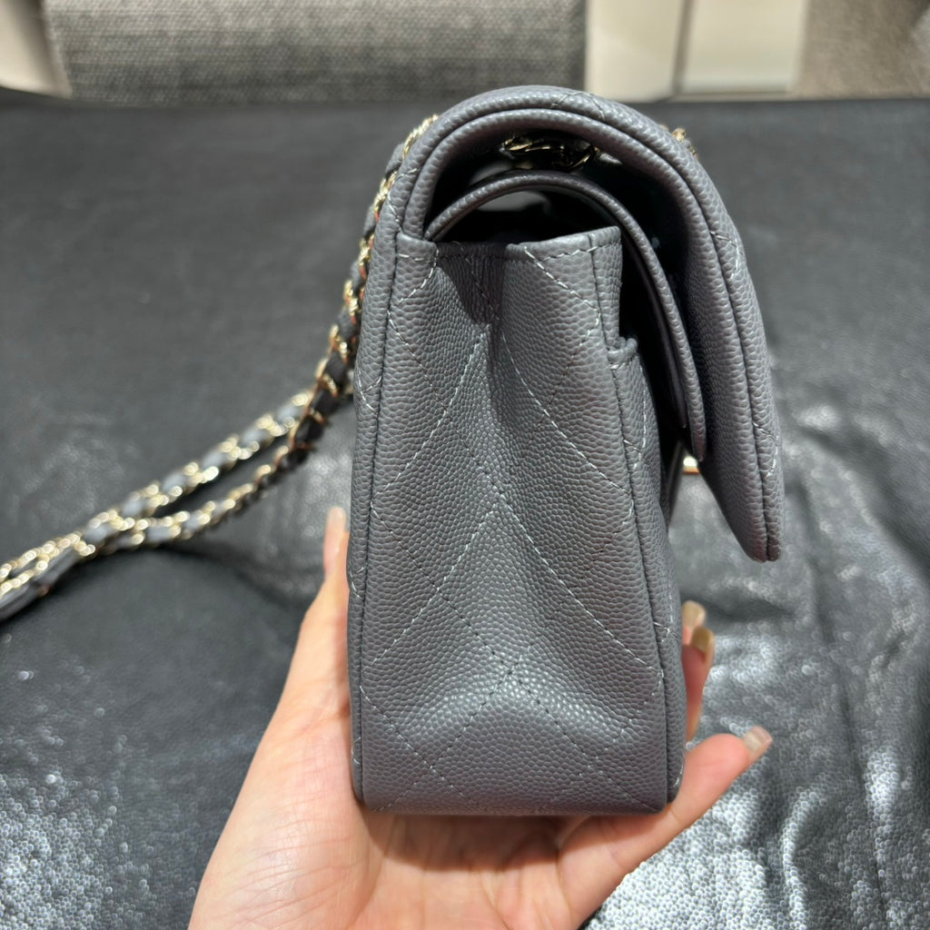 Chanel grey classic flap bag side view