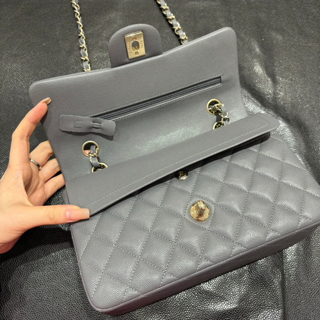 Chanel grey classic flap bag open view
