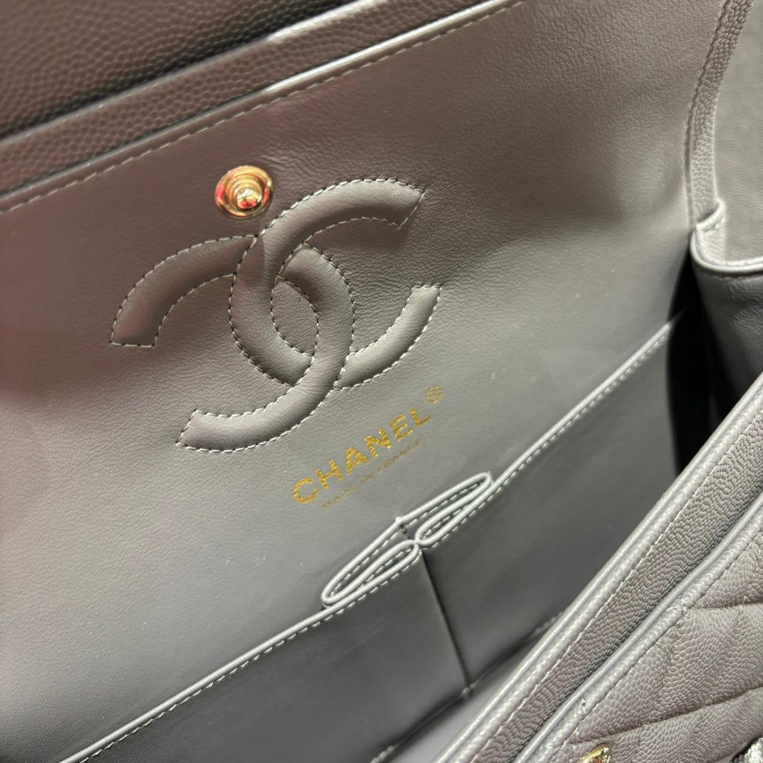 Chanel grey classic flap bag interior view
