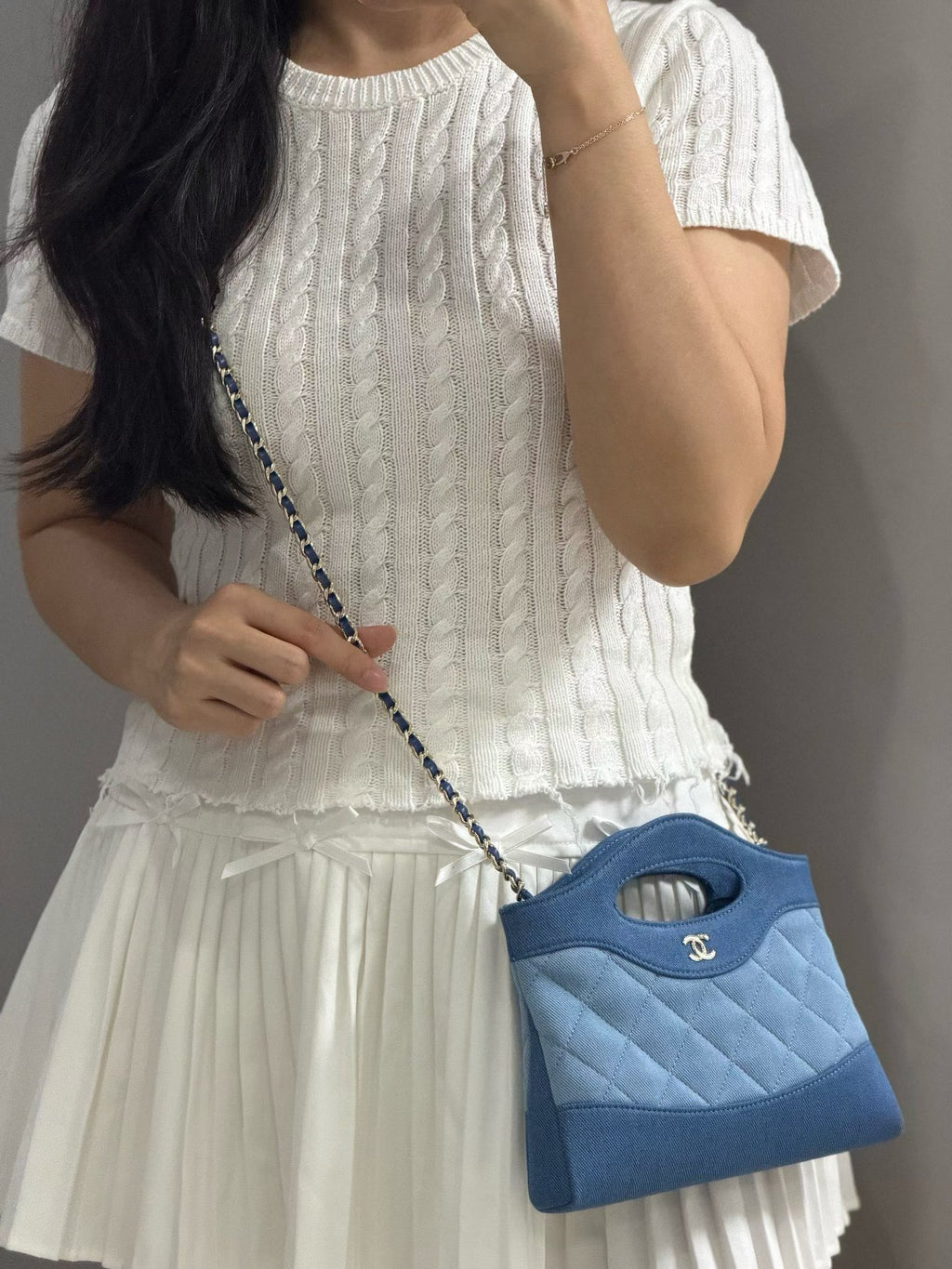 Nano denim handbag crossbody view