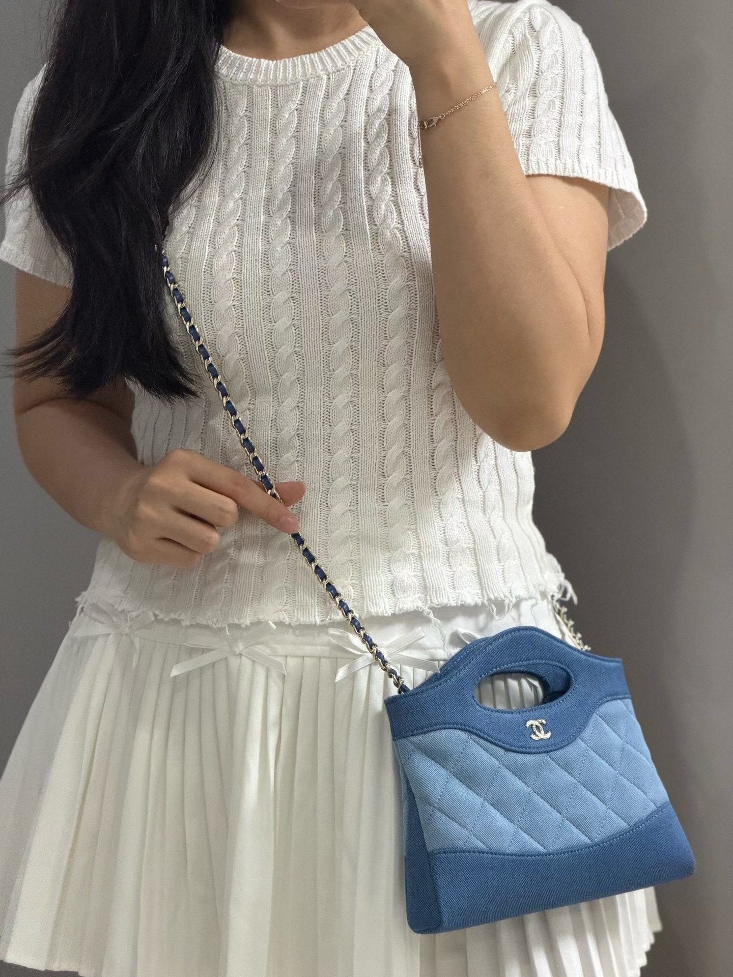 Nano denim handbag crossbody view