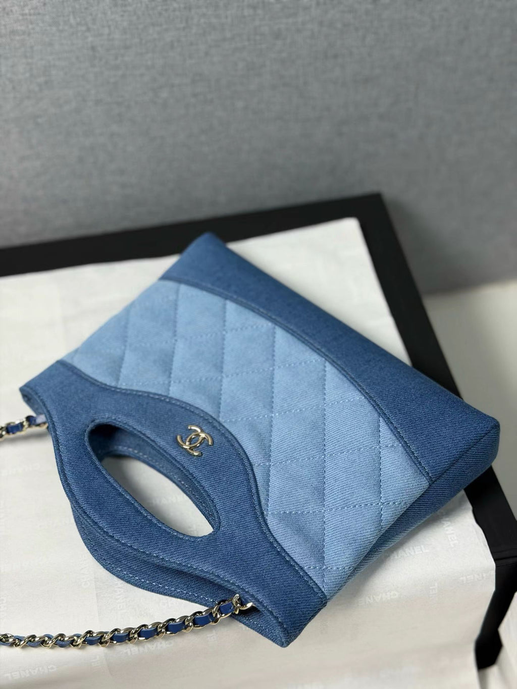 Nano denim handbag angled view