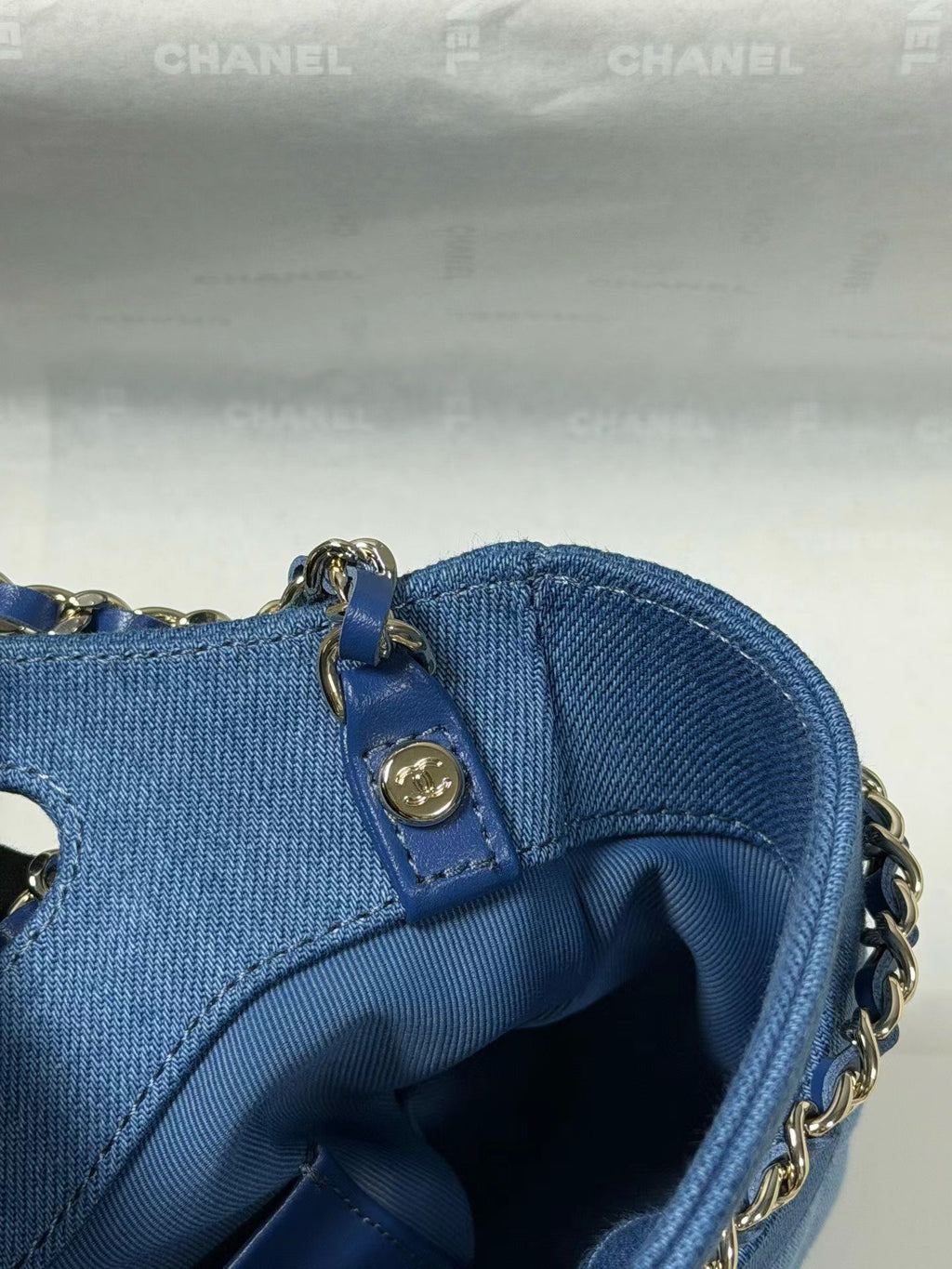 Nano denim handbag interior detail