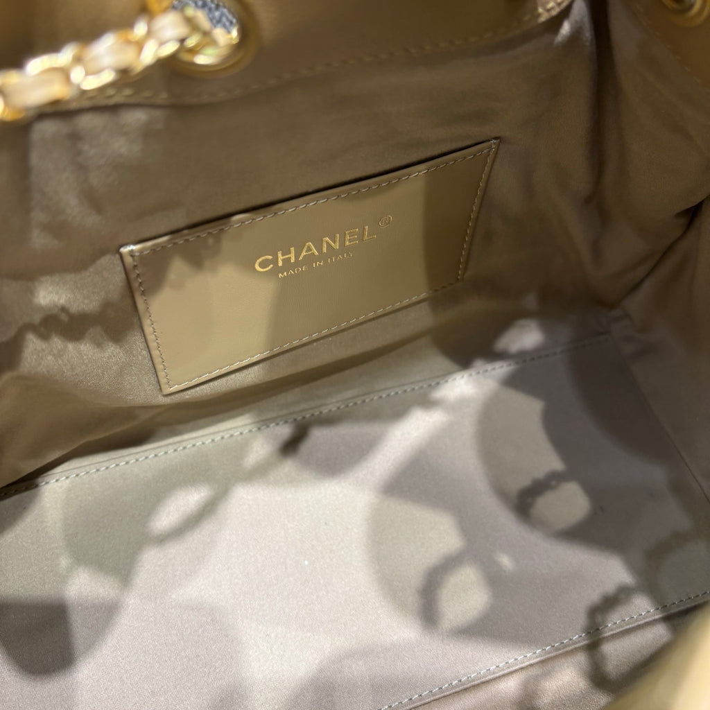 Chanel beige bucket bag interior detail