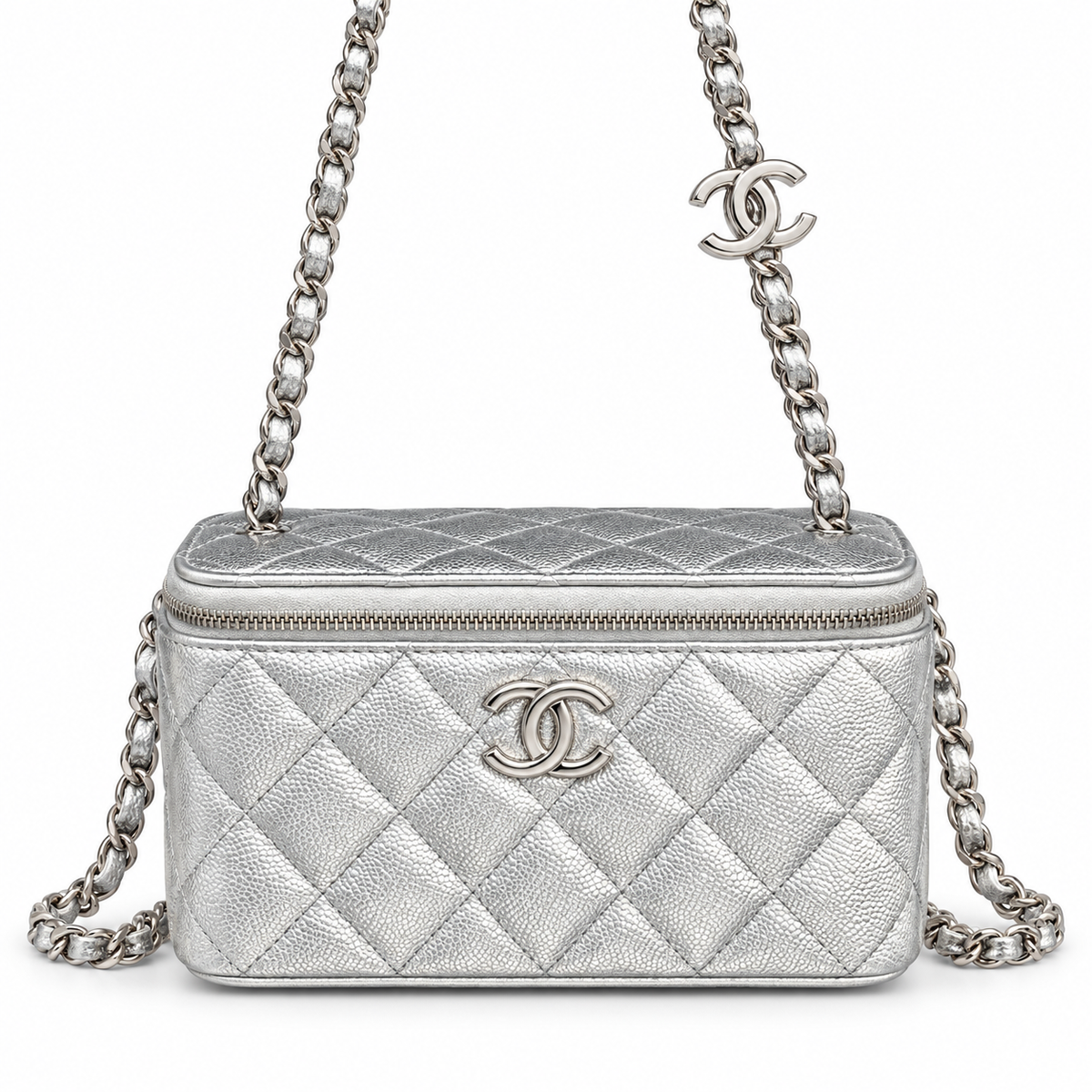 Chanel Silver Quilted Vanity Case Bag on white background