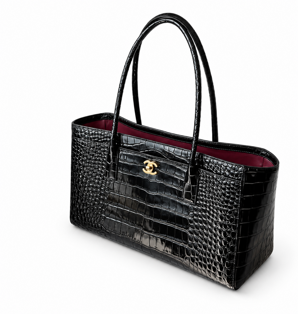 CHANEL Small Shopping Bag, Black, angled view with burgundy interior
