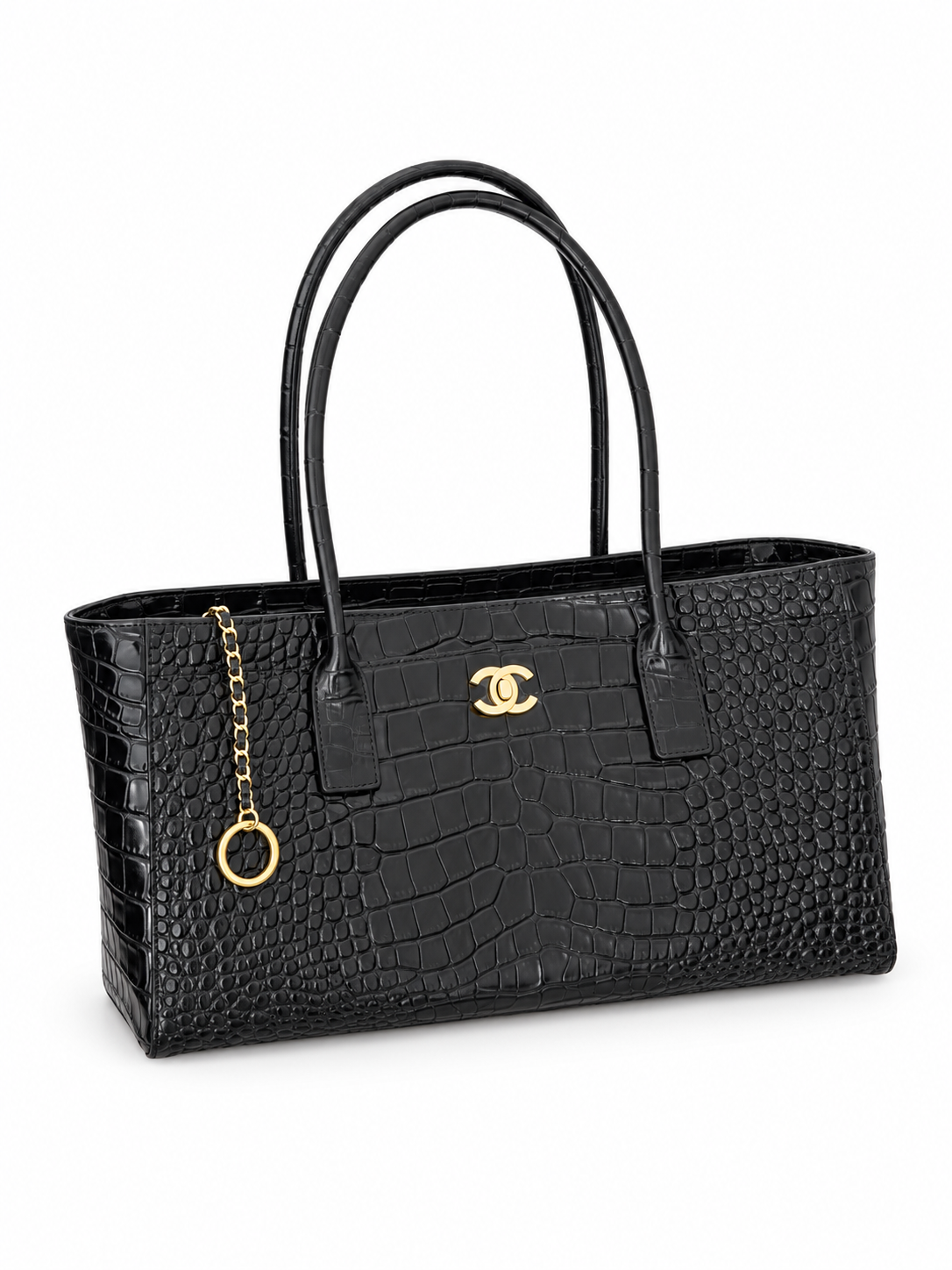 CHANEL Small Shopping Bag, Black, front view with gold chain detail