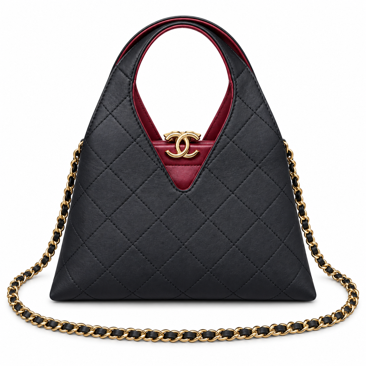 Chanel V-Cut Mini Tote Bag Black and Burgundy on white background