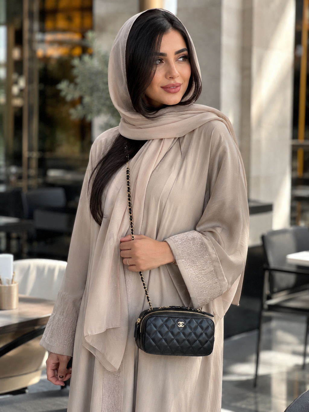 حقيبة Chanel Double Zip Vanity Case السوداء على موديل خليجي