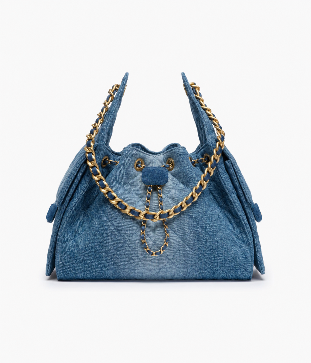 Denim handbag with shaded logos