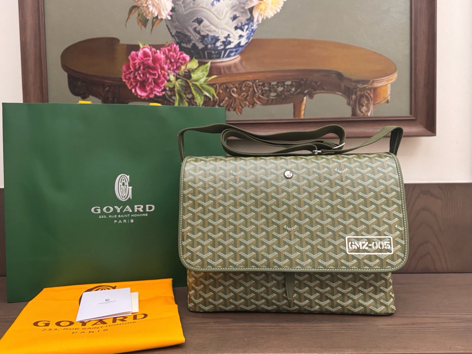 Goyard green messenger bag front view