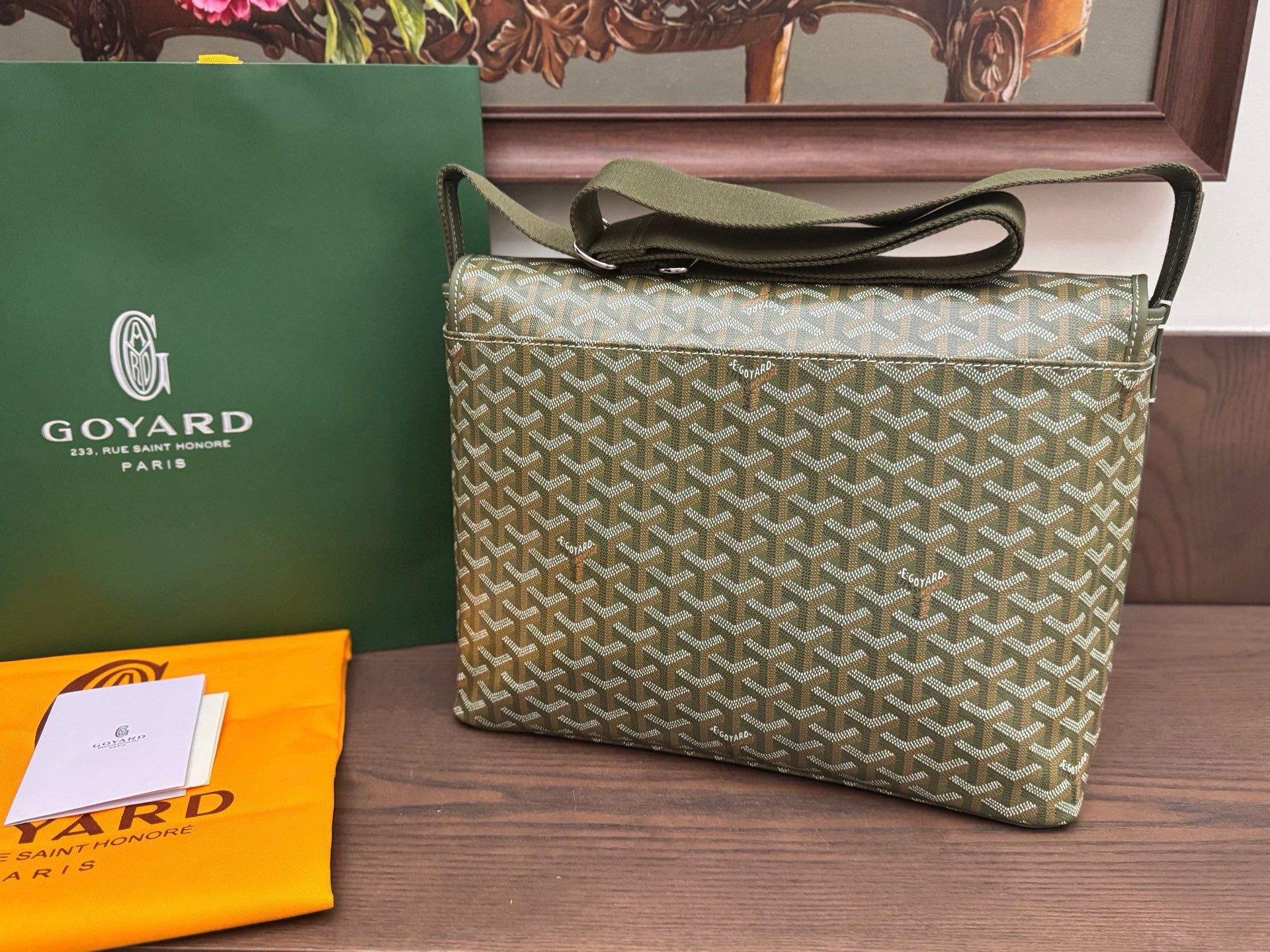 Goyard green messenger bag rear view