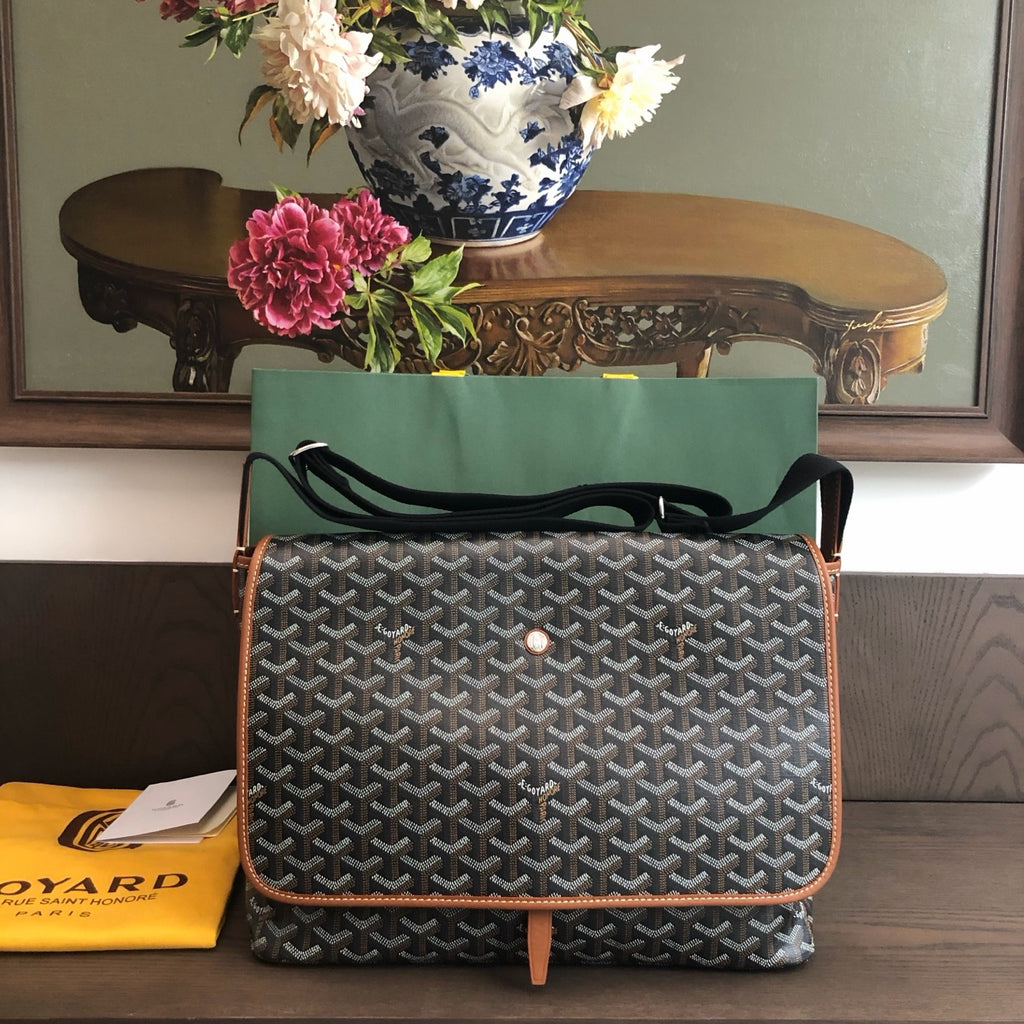Goyard messenger bag black and tan front view