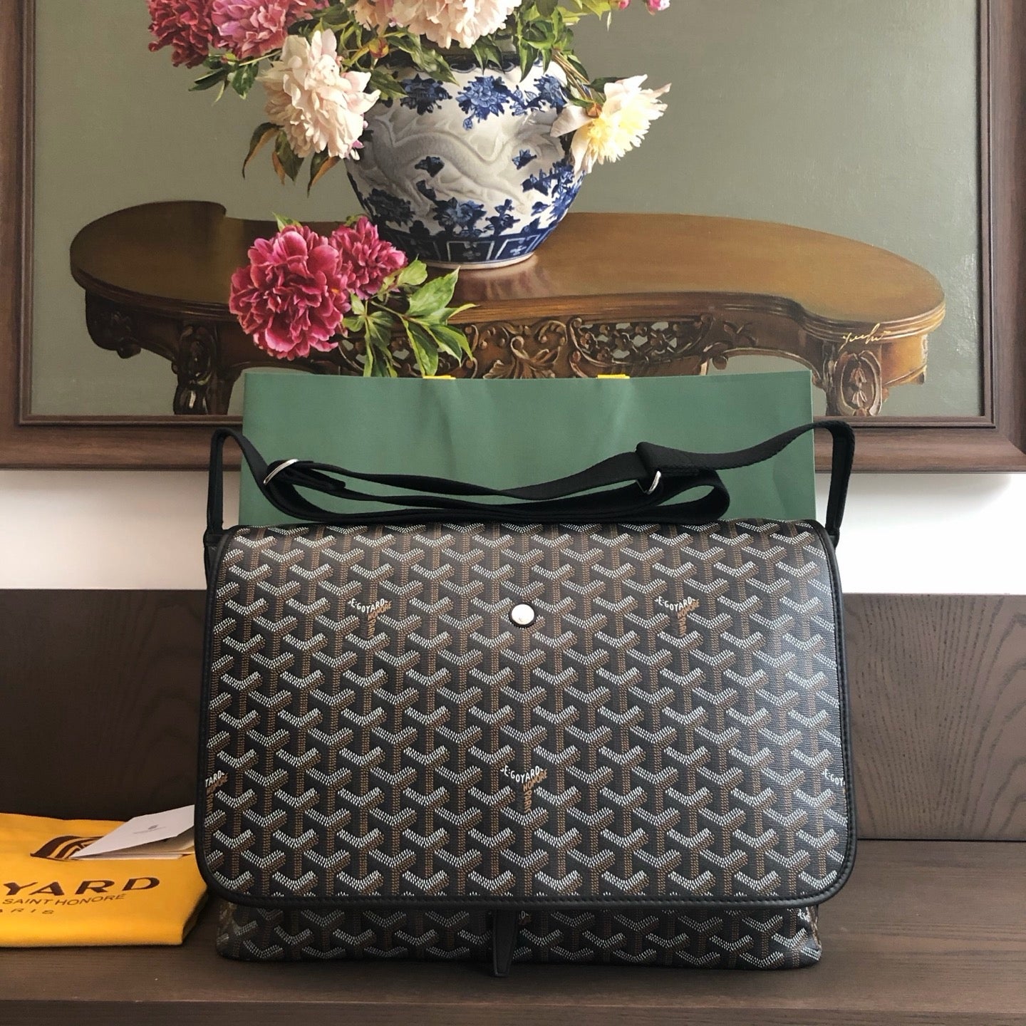 Goyard messenger bag dark color front view