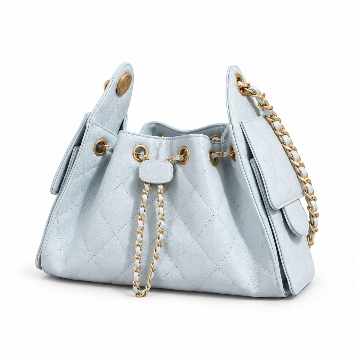 Light blue handbag with covered emblems