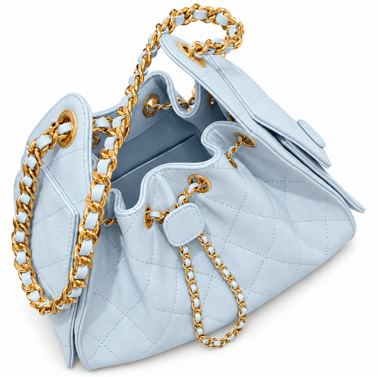 Light blue handbag with covered emblems