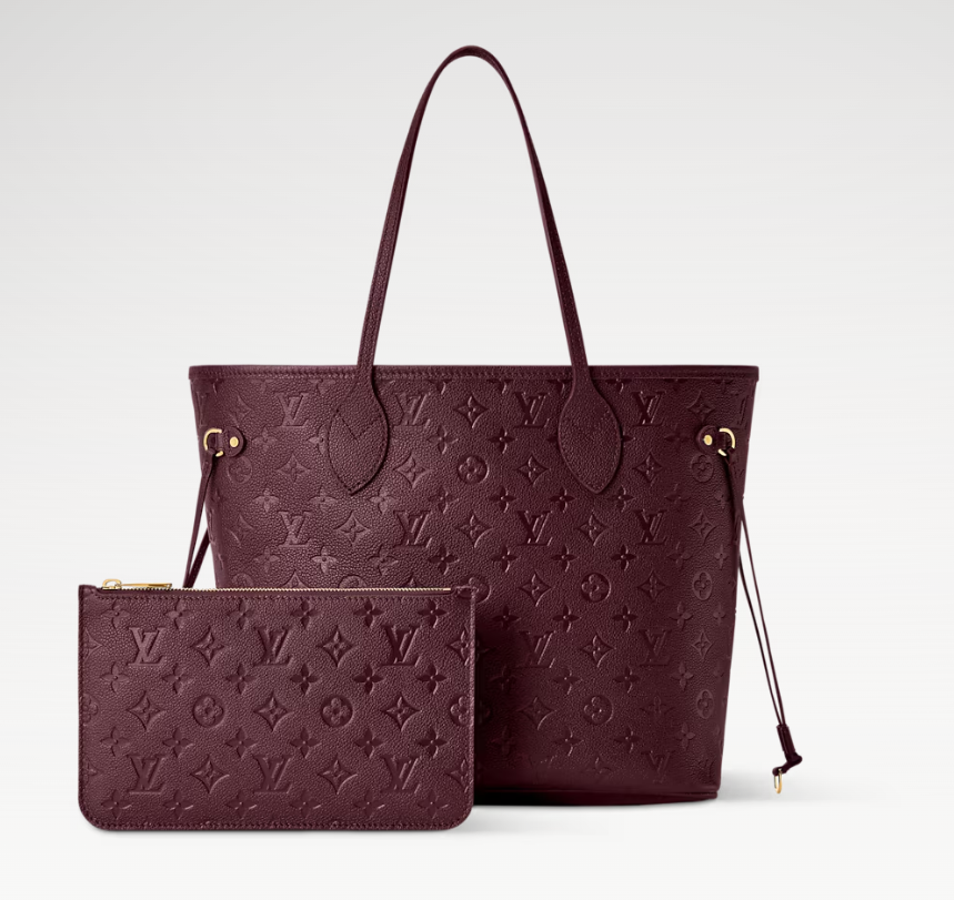 Louis Vuitton Neverfull MM Monogram Empreinte Grenat front view with removable pouch